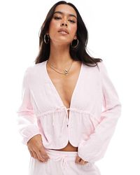 Pieces - Crinkle Cotton Tie Front Cropped Blouse Co-ord - Lyst