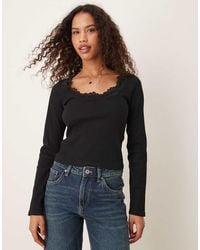 ASOS - Top De Manga Larga De Canalé Con Cuello Redondo Y Ribete De Encaje De - Lyst