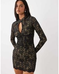 Oh Polly - Lace Mandarin Collar Cut Out Detail Long Sleeve Mini Dress - Lyst