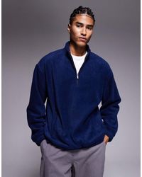 ASOS - Sudadera Azul De Corte Cuadrado Extragrande Con Cuello Alzado Y Cremallera Corta De Polar De - Lyst