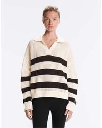 Oysho - 100% Cotton Striped Open Knit Long-Sleeve Polo Shirt - Lyst