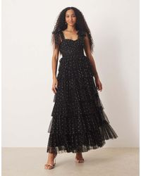 LACE & BEADS - Bow Shoulder Tiered Tulle Maxi Dress - Lyst