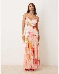 ASOS - – maxikleid aus satin-chiffon-mix mit tiefer taille, weitem godet-rock und rosa blumenmuster - Lyst