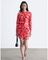 & Other Stories - Ruched Long Sleeve Mini Dress With Padded Shoulders And All Over Print - Lyst