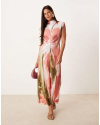 ASOS - – hochgeschlossenes plissee-midikleid mit verschwommenem blumenprint und verdrehtem detail - Lyst