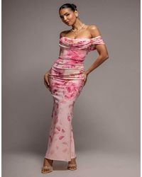Goddiva - Printed Cowl Neck Pleated Waist Maxi Dress - Lyst