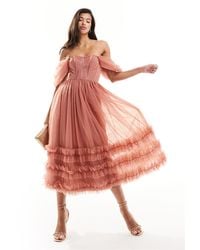 LACE & BEADS - Off Shoulder Ruffle Tulle Midaxi Dress - Lyst
