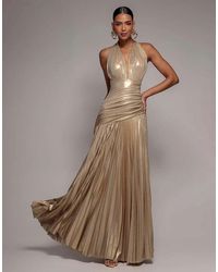 Goddiva - Halterneck Empire Waist Gathered Sunrise Foil Maxi Dress - Lyst