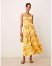 ASOS - Ruched Square Neck Tiered Midi Dress With Lace Inserts - Lyst