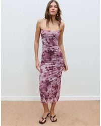 Stradivarius - Midi Jurk Van Tule Met Print - Lyst