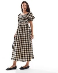New Look - Vestito Midi A Maniche Lunghe Arricciato A Quadri - Lyst