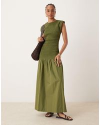 ASOS - Asos Design Tall High Neck Shirred Poplin Maxi Dress With Dropped Waist - Lyst