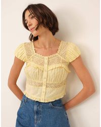 Nobody's Child - Lace Detail Short Sleeve Button Down Top - Lyst