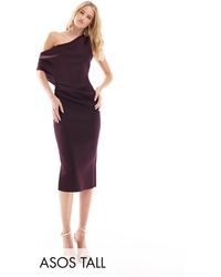 ASOS - Asos design tall - vestito midi a pieghe con spalle scivolate color melanzana - Lyst