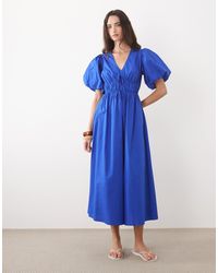 New Look - – midikleid mit puffärmeln und v-ausschnitt - Lyst