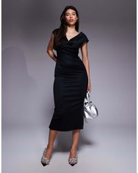 ASOS - Structured Midi Dress With Capped Sleeve And Draped Cross Front - Lyst