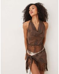 Mango - Top Marrón Con Cuello Halter Desbocado Y Flecos De (Parte De Un Conjunto) - Lyst