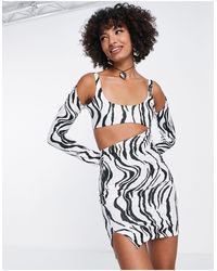 ASOS - Robe courte 2 en 1 côtelée à découpes et imprimé animal - noir et blanc - Lyst