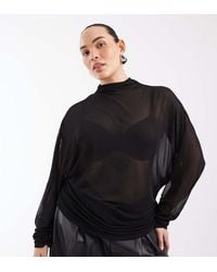 ASOS - Asos Design Curve Sheer Batwing High Neck Ruched Sleeve Top - Lyst