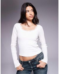 ASOS - Top De Manga Larga De Canalé Con Cuello Redondo Y Ribete De Encaje De -Blanco - Lyst
