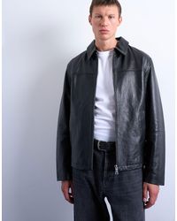 TOPMAN - Real Leather Harrington Jacket - Lyst
