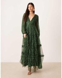 LACE & BEADS - Deep V-neck Sheer Bell Sleeve Maxi Dress - Lyst