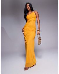 ASOS - Asymmetric Double Strap With Trim Detail With Ruching Mesh Maxi Dress - Lyst