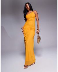 ASOS - Asymmetrische Maxi-Jurk Van Gerimpeld Mesh Met Dubbele Bandjes En Gouden Accent - Lyst