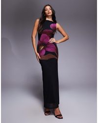 ASOS - Slash Neck Mesh Maxi Dress With Placement Floral Print - Lyst