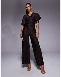 ASOS - Plisse Plunge Short Sleeve Wrap Waist Jumpsuit - Lyst