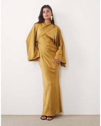 ASOS - Draped Long Sleeve Cross Front High Neck Satin Maxi Dress - Lyst