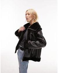Topshop Unique - Faux Leather Shearling Zip Front Oversized Aviator Jacket With Double Collar Detail - Lyst