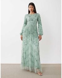 Beauut - Fully Embellished Beaded Mesh Overlay Balloon Sleeve Maxi Dress - Lyst