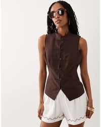 ASOS - Top Marrón Sin Mangas Con Cuello Mao De Mezcla De Lino - Lyst