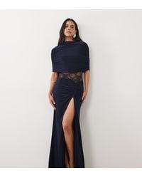Kaiia - Exclusive Double Layered Slinky High Neck Cape Lace Insert Detail Thigh Split Maxi Dress - Lyst