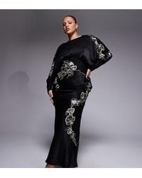 ASOS - Asos Design Curve Satin Blouson Embroidered Batwing Sleeves Maxi Dress - Lyst