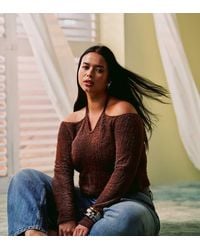 ASOS - Top Marrón De Manga Larga Con Cuello Halter Y Hombros Descubiertos De Punto Mullido De Asos Design Curve - Lyst