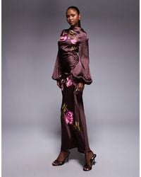 ASOS - Cowl Neck Floral Embroidered Bias Maxi Dress With Blouson Sleeve - Lyst