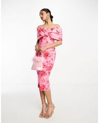 True Violet - Vestido midi rosa con estampado floral y detalle plegado - Lyst