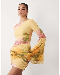 ASOS - Mesh Waterfall Sleeve Ruched Mini Dress - Lyst