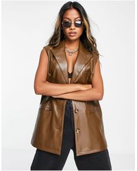 TOPSHOP Faux Leather Sleeveless Blazer Jacket - Brown