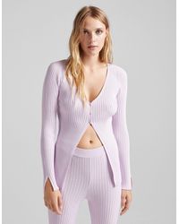 Bershka Knitted Rib Detail Button Cardigan Co-ord - Purple