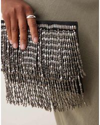 ASOS - Pochette Metallizzata Grigio Canna Di Fucile Con Frange E Perline - Lyst