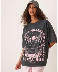 ASOS - T-Shirt Antracite Slavato Oversize Con Grafica Di Palme E Scritta "Mexico" - Lyst