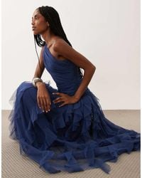 LACE & BEADS - Bridesmaid One Shoulder Waterfall Ruffle Maxi Dress - Lyst
