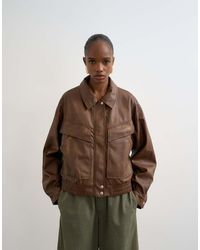 TOPSHOP - Faux Leather Boxy Zip Through Pocket Bomber Jacket - Lyst