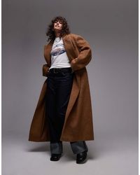 TOPSHOP - Cappotto Taglio Lungo Cammello Spazzolato Con Bottoni A Pressione - Lyst