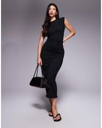 ASOS - Shoulder Pad Ruched Detail Midi Dress - Lyst
