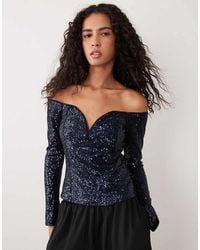 ASOS - Allover Sequin Long Sleeve Plunge Bardot Top - Lyst