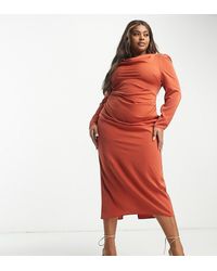 ASOS - Vestido Midi Color Óxido Ceñido Con Hombros Drapeados De Asos Design Curve-Marrón - Lyst
